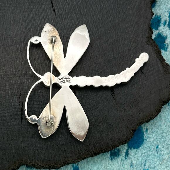 1990s HOUSE OF BANGLES Mexico Large Sterling Silver & Multi-Stone Dragonfly Pin - Picture 2 of 2